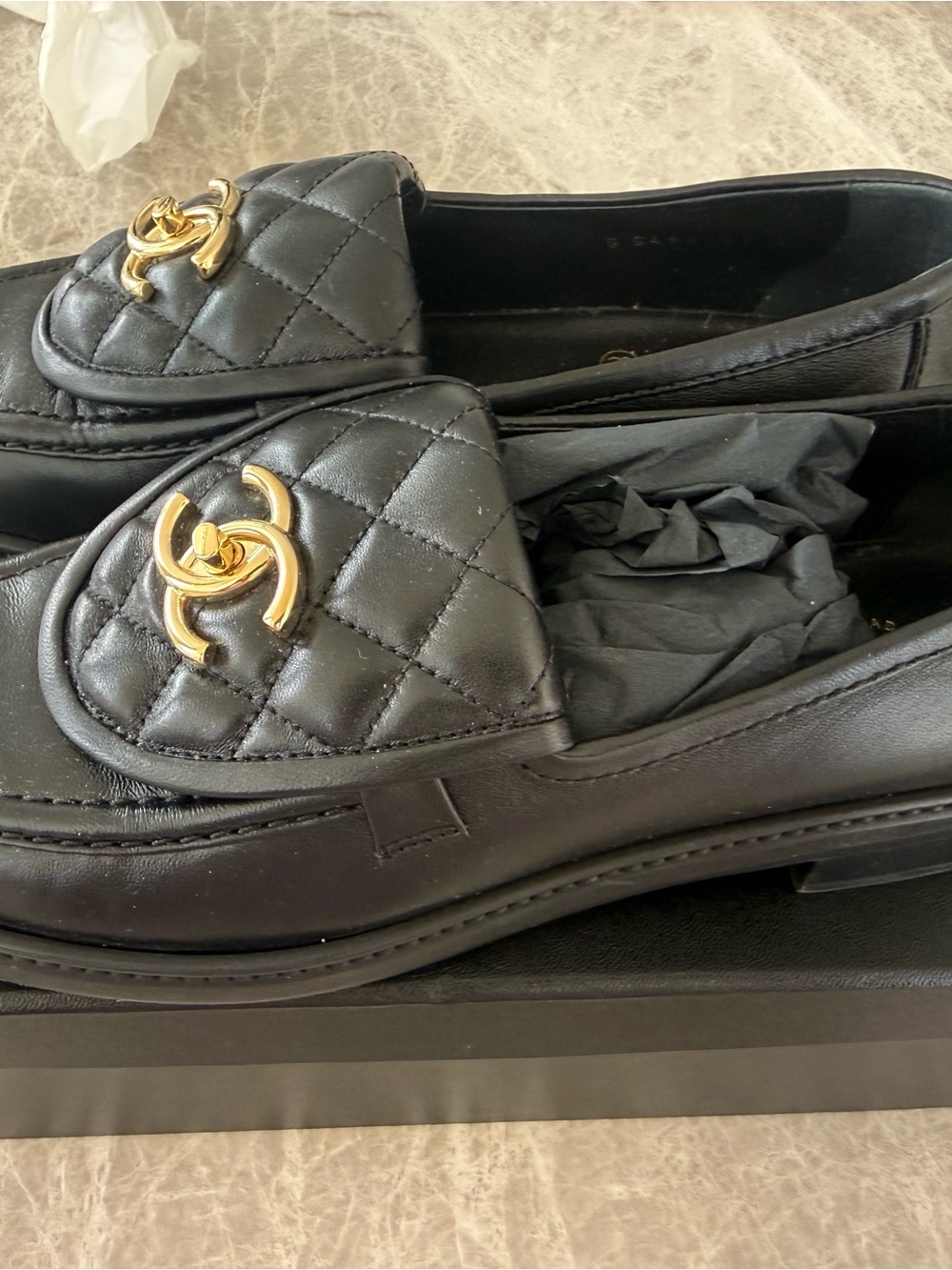 CHANEL Black Quilted Leather Loafers with Gold CC Emblem Worn Once - Picture 2 of 4